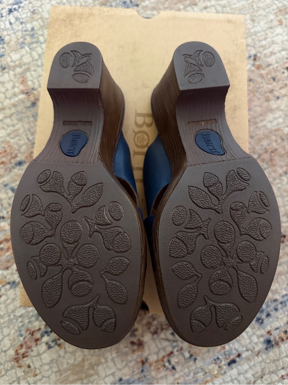 Born Navy Leather Crossover Wedge Sandals with Wood-Effect Heel - Picture 9 of 9